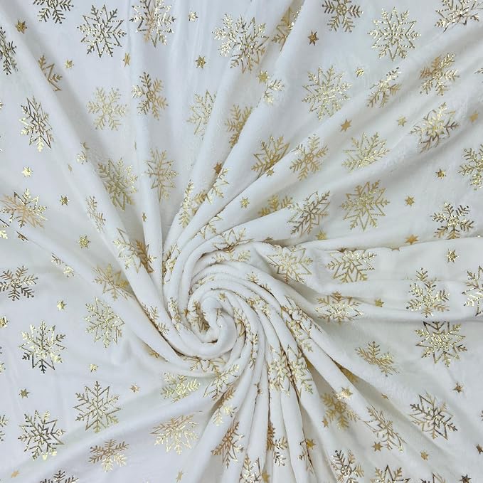 Winter Holiday Christmas Fleece Throw Blanket: Velvety Soft, Gold Snowflakes Stars Design, Durable Accent for Bed or Couch, Oversized 50 x 70 inches