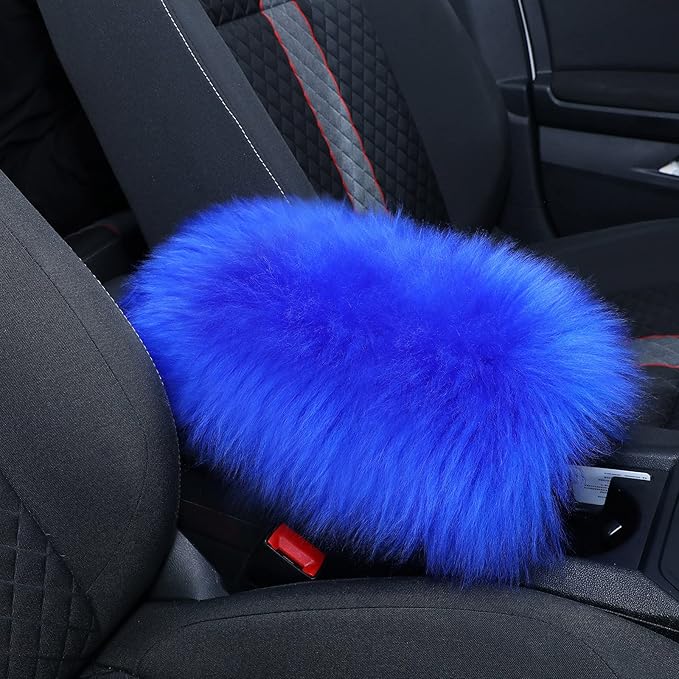 Frienda Furry Armrest Cover Auto Center Console Cover Car Soft Console Pad, Real Sheepskin Wool Soft Fluffy Auto Center Armrest Pad for Most Car Decoration Protector(Blue)