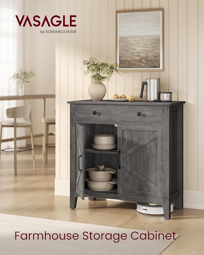 VASAGLE LIRY Collection - Buffet Cabinet, Coffee Bar Cabinet with a Drawer, Adjustable Shelf, Sideboard Storage with Cable Hole, Drawer Divider, Misty Gray UBBK341GW01S