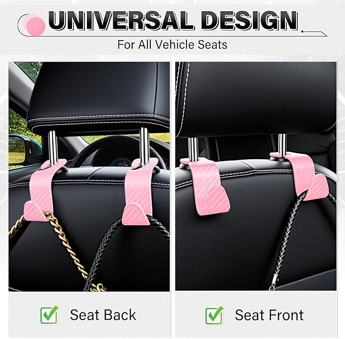 SINGARO Universal 2 Pack Car Seat Headrest Purse Hook, Carbon Fiber Back Seat Hook Storage Organizer Hanger for Purse Handbag Coat, Car Interior Accessories(Pink)