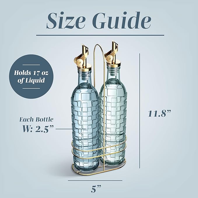 COOK WITH COLOR Glass Olive Oil Bottle Dispenser - 2 Pack- 17oz Oil and Vinegar Cruet - Olive Oil Carafe Decanter for Kitchen, Checkered, Blue