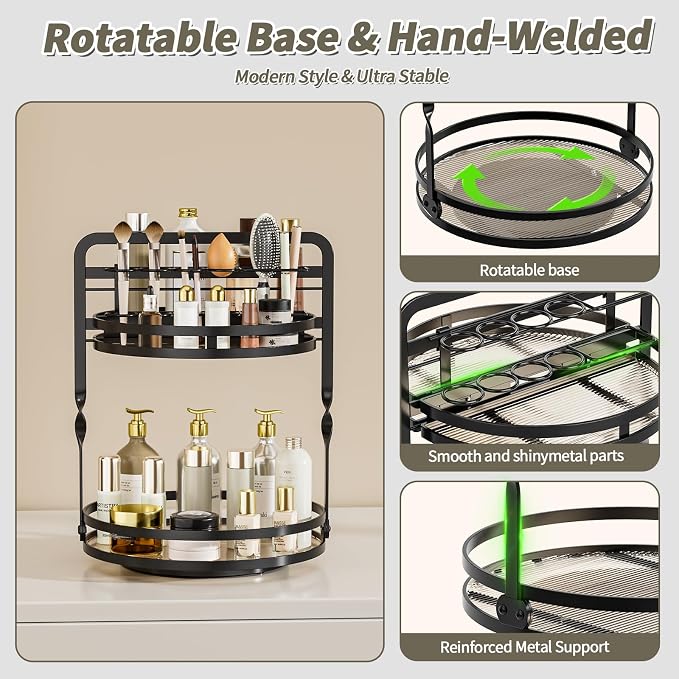 360° Rotating Makeup Organizer, 2-Tier Black Perfume Organizer for Dresser, Bathroom Organizers Countertop, Perfume Shelf with Makeup Brush Holder, Skincare Holder Cosmetic Display(Black)