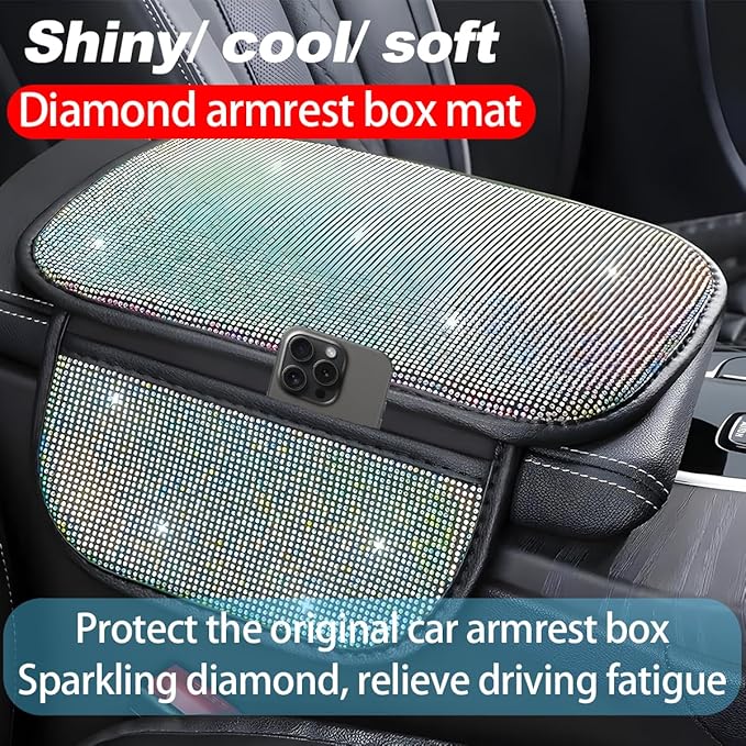 Bling Car Center Console Cover, Crystal Rhinestone Vehicle Armrest Cover Cushion with 2 Storage Bags for Women Girls, Diamond Auto Storage Box Protector Pad, Universal Fit (Multicolor)