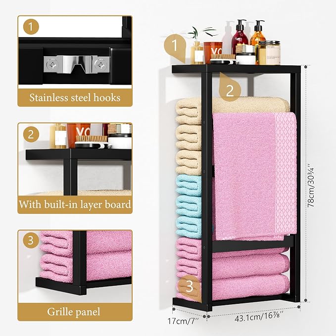 Bamboo Wall Blanket Ladder, 4-Tier Towel Racks, Bamboo Bath Towel Racks for Bathroom Wall Mounted, Decorative Blanket, Quilt, Towel, Scarf Ladder Shelves for Bathroom, Living Room, Bedroom， Black