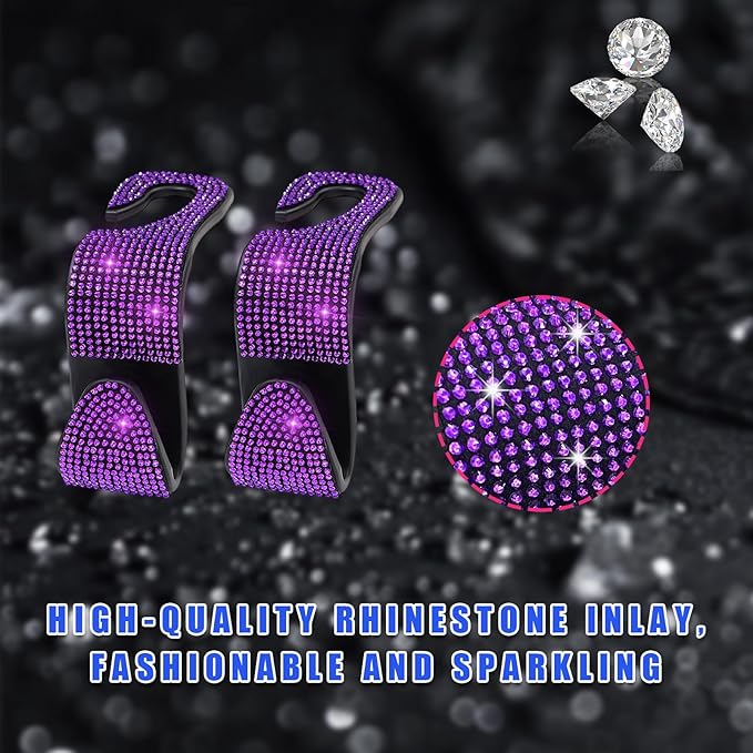 2 PCS Bling Car Seat Headrest Hooks, Crystal Rhinestone Back Seat Hanging Storage Organizer, Vehicle Seat Hanger Holder for Purse Handbag Coat, Interior Car Accessories (Purple)