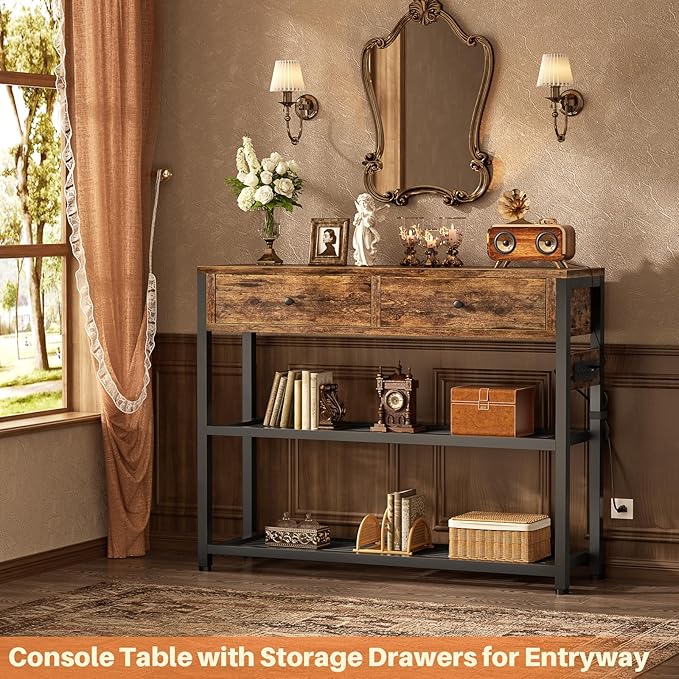 Ecoprsio Entryway Table with Outlets and USB Ports, Console Table with 2 Drawers, Small Sofa Table with Storage Shelves for Living Room, Couch, Hallway, Foyer, Kitchen Counter, 32'', Rustic