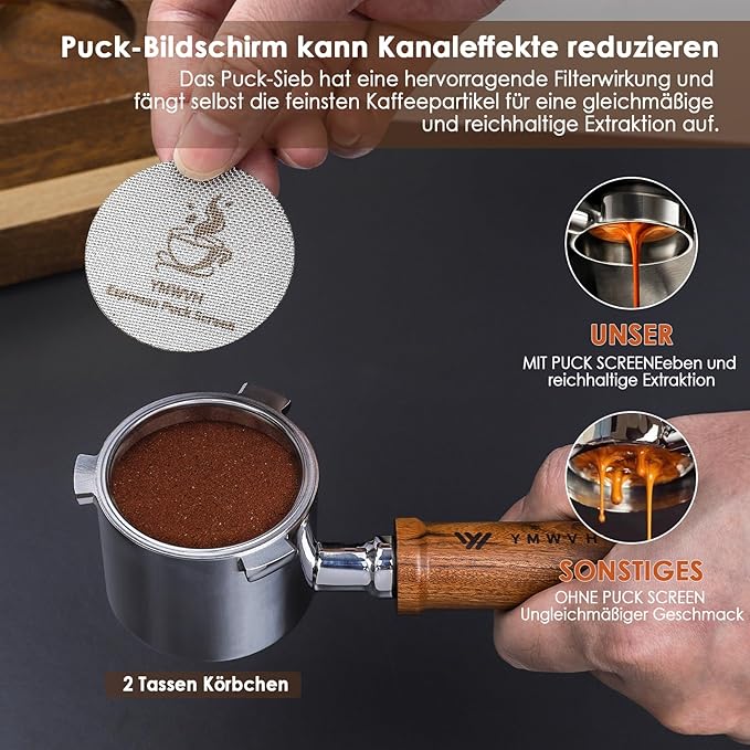51mm Bottomless Portafilter 3 Ears Compatible with De-longhi La Specialista Coffee Espresso Machine EC9335 9155 9355 9665,100% Stainless Steel Filter Basket and Walnut Handle