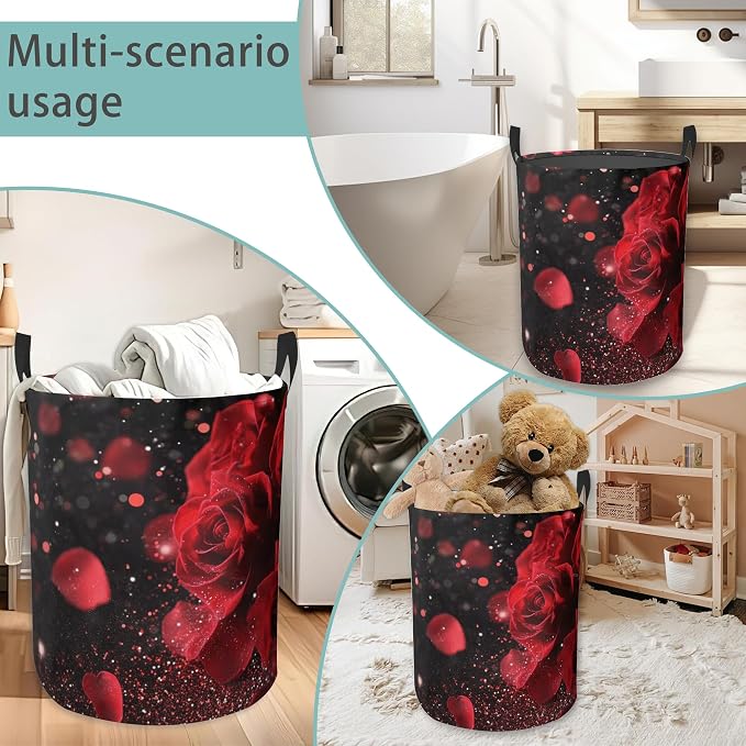 Rose Flower Love Round Laundry Hamper Storage Basket Toys Clothes Organizer Bin For Home Bathroom Bedroom Dorm Nursery