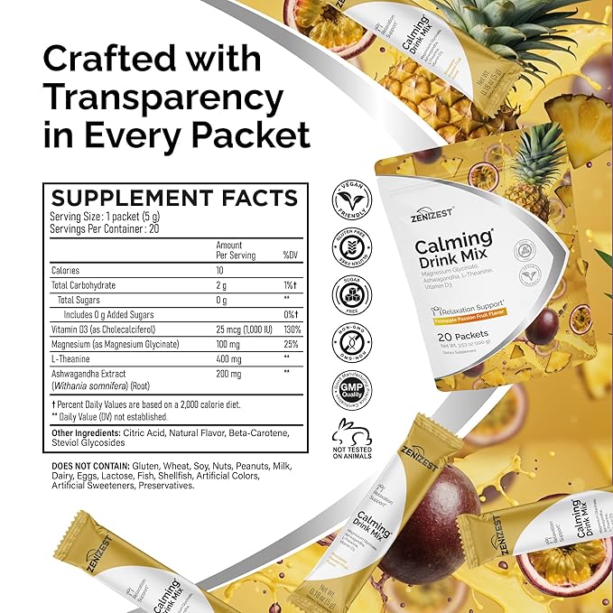 ZeniZest Calming Drink Mix Powder - Natural Cortisol Balance Calm Sleep Stress Support Supplement with Magnesium Glycinate Ashwagandha L-Theanine Vitamin D3 - Pineapple Passion Fruit Flavor 20 Packets