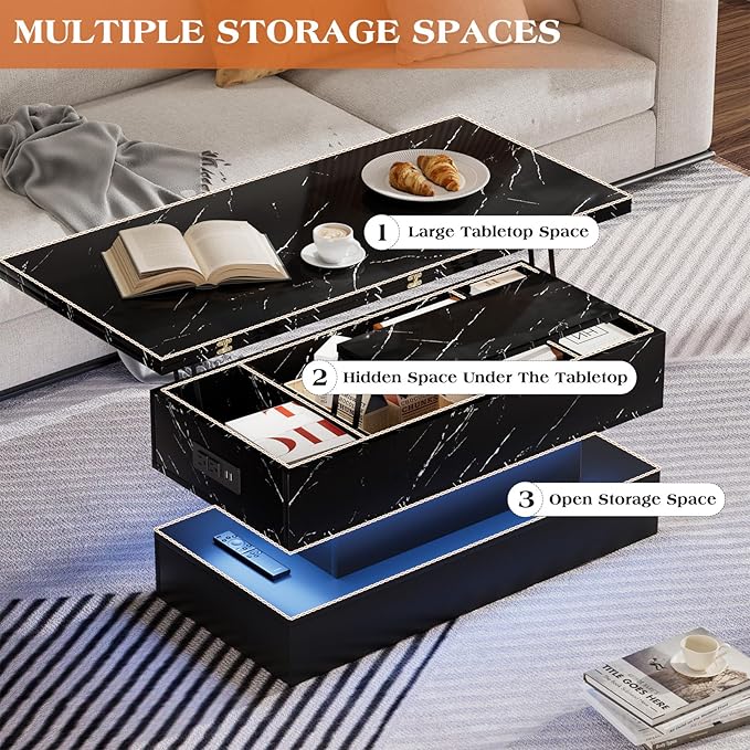 39.4" Lift Top Coffee Table with Charging Station, 4-in-1 Multifunctional Coffee Table with Storage & Hidden Compartments, High-Glossy Marbling Print LED Center Table for Living Room, Black