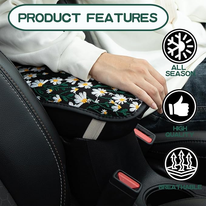 Embroidered Flowers Black Cute Daisy Car Armrest Storage Box Mat,Embroidered Car Center Console Cover, Car Armrest Seat Box Cover Accessories Interior Protection for Most Vehicle, SUV, Truck, Car