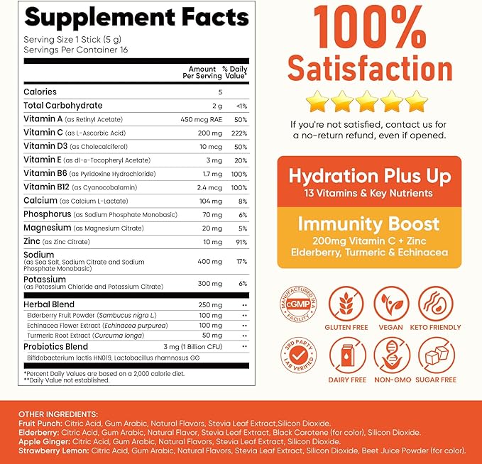Venture Pal 2-in-1 Hydration + Immune Electrolytes Powder Packets with 7 Electrolytes & 6 Vitamins, Elderberry, Turmeric, Echinacea | Liquid Daily IV Drink Mix | Sugar Free | Keto Friendly, 16 Sticks