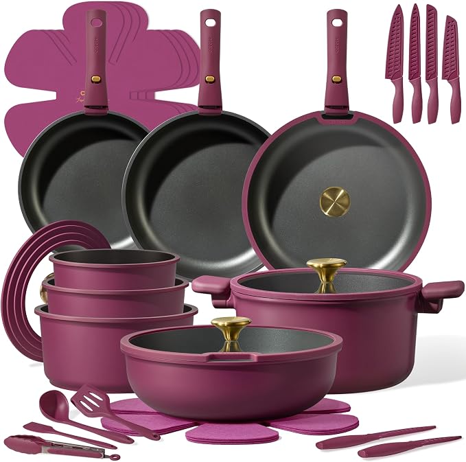 CAROTE 38-Piece Nonstick Pots and Pans Set with Knife Set, Cookware Sets with Detachable Handle, Kitchen Cooking Set - Camping Cookware, Dishwasher & Oven Safe, Induction Compatible