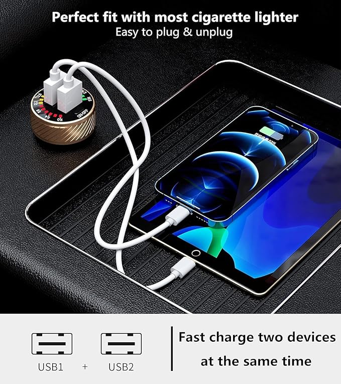 KEWIG Car Charger, 36W Fast Car Charger Adapter, Dual USB Car Fast Charge with Colorful Voltmeter & ON/Off Switch