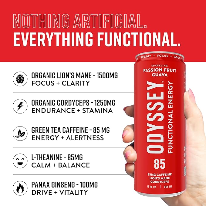 Odyssey Functional Energy Drink for Focus, Cognition & Mood Support 12 Pack - Adaptogenic Drink with 85mg Green Tea Caffeine, Lion’s Mane, Cordyceps, L-Theanine & Ginseng, Passion Fruit Orange Guava