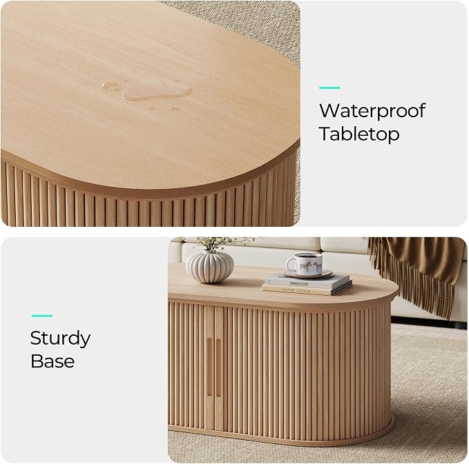 LINSY Lift Top Coffee Table, Oval Fluted Coffee Table with Storage, Boho Wooden Coffee Tables with Sliding Tambour Door, 39" Center Table for Living Room, Office, Small Space, Natural Oak