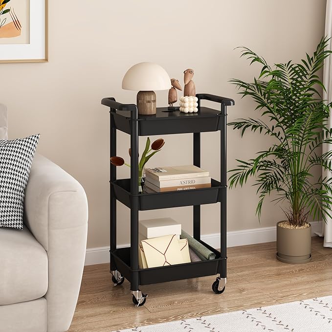MIOCASA Utility Rolling Cart with Cover Top Board, 3-Tier Kitchen Storage Organization, Art Cart with Wheels for Office, Classroom, Livingroom, Kitchen, Bathroom (Black, 3-Tier-Plastic)
