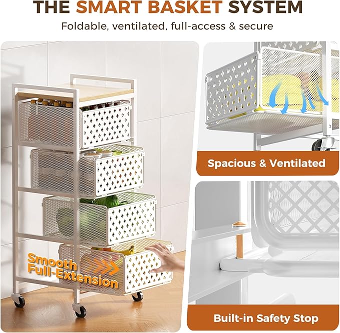 5 Tier Kitchen Storage Cart with Wheels, Utility Fruit Vegetable Storage Rack Stand with Pull-Out Baskets & Wood Top, Metal 4-Drawers Rolling Snack Cart, Kitchen Cart for Potato Onion(White)