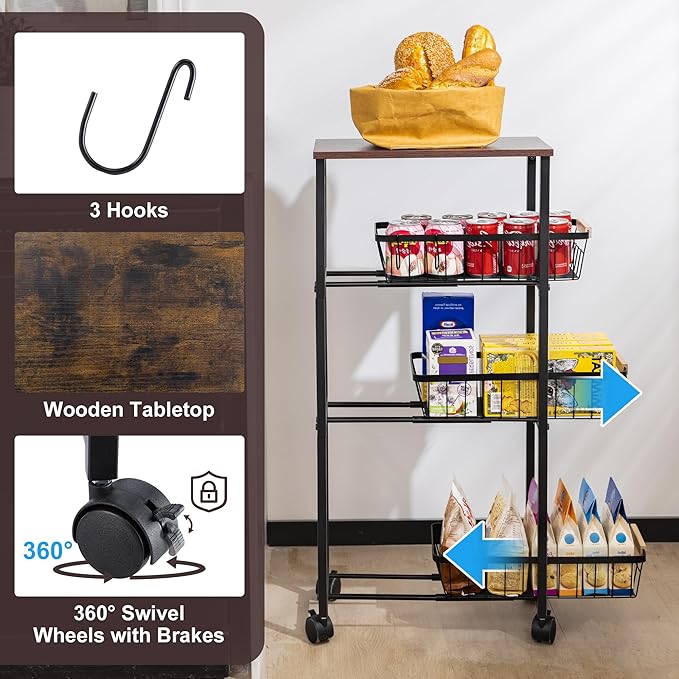 Narrow Rolling Cart with Wheels, 4-Tier Slim Metal Storage Cart with Pull-Out Baskets, 7.87 Inch Width Small Laundry Room Organizer Cart, Space-Saving for Kitchen, Bathroom