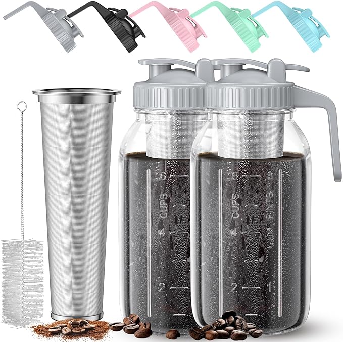 2 Pack 64 oz Cold Brew Coffee Maker Jar - Glass Cold Brew Maker with Handle, Stainless Steel Filter&Leak-Proof Lid, Heavy Duty Cold Brew Pitcher for Iced Coffee, Tea, and Milk (2 Quart / 1.9 Liter)