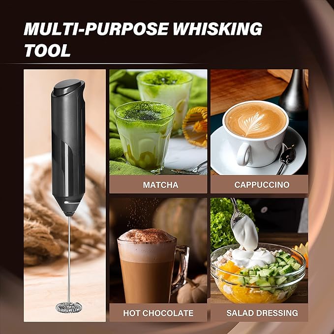 HealSmart Kitchen Milk Frother Handheld with Stand for Coffee, Electric Foamer Maker for Lattes, Mini Hand Blender for Cappuccino, Matcha, Frappe, Hot Chocolate, Wand Drink Mixer Whisk, Black