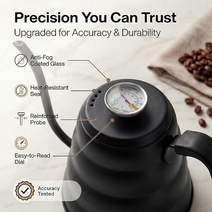 Barista Warrior Gooseneck Kettle for Pour Over Coffee and Tea with Thermometer for Exact Temperature, Precision Pour Drip Spout, Compatible with all Stove Tops (Matte Black, 1.2 Liter, 40 fl oz)
