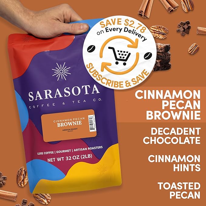 2 lb Cinnamon Pecan Brownie Ground Coffee | Cinnamon & Pecan Flavored Dessert Coffee | Bulk Sweet Nutty Flavored Ground | Specialty Grade | 32 oz