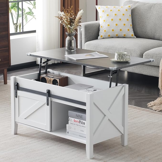 VINGLI Farmhouse Lift Top Coffee Table, Rustic Grey with Storage Shelf/Hidden Compartment, Mesa De Centro para Sala, Rustic Brown (White Charcoal, 36" L)