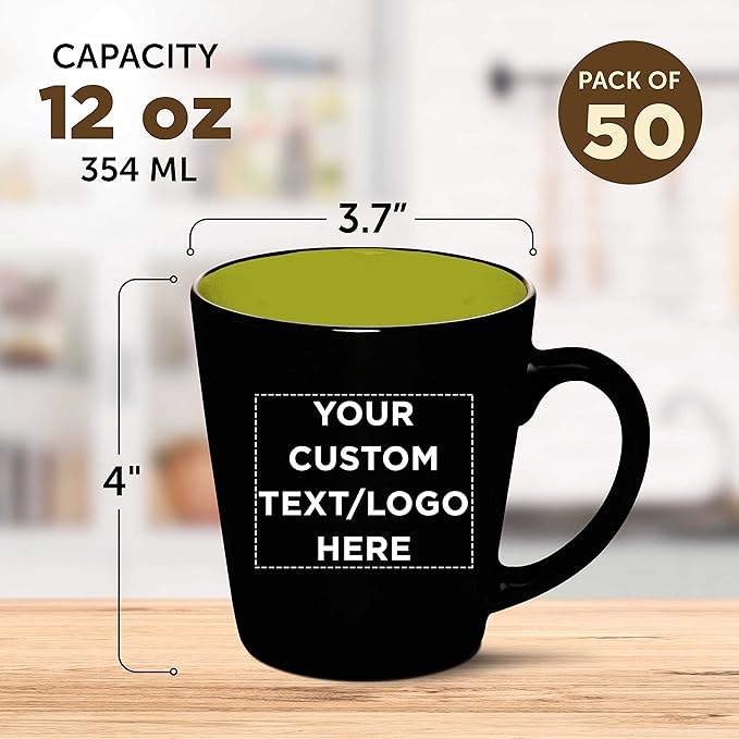 Custom Ceramic Coffee Latte Mugs 12 oz. Set of 50, Personalized Bulk Pack - Perfect for Coffee, Tea, Espresso, Hot Cocoa, Other Beverages - Lime Green