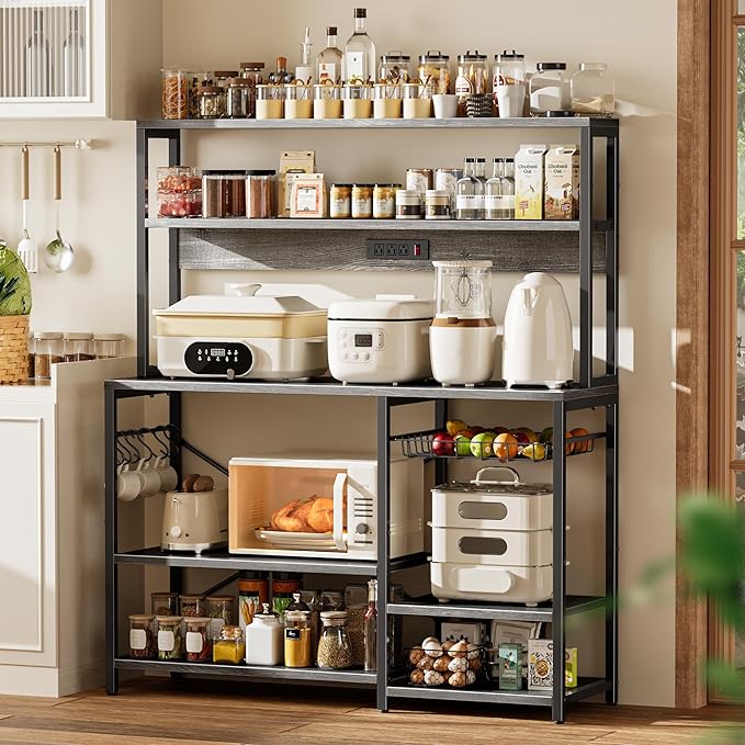 SUPERJARE Bakers Rack with Power Outlet, 47.2 Inches Coffee Bar with Wire Basket, Kitchen Microwave Stand with 6 S-Shaped Hooks, Open Storage Shelves, Grey