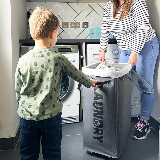 CHICVITA Hamper with Wheels 2-Pack, 75L Large Laundry Baskets with Removable Wash Bags, Foldable Laundry Baskets with Slim Design for Corner Dorms, Rolling Laundry Hamper on Wheels, Grey