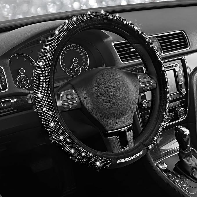 Skechers Women’s Bling Steering Wheel Cover, Velvet with Sparkly Crystal Rhinestones, Stylish Car Interior Gift, Universal Fit 14" 1/2-15" for Cars, SUVs, Trucks, Black Diamond