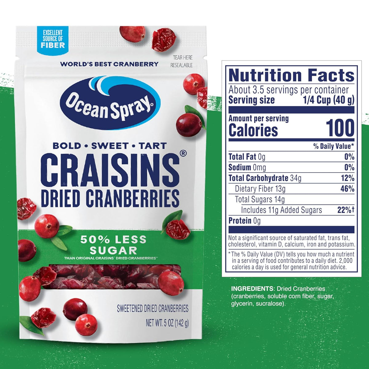 Ocean Spray® Craisins®, 50% Less Sugar Dried Cranberries, Dried Fruit, 5 Oz Pouch