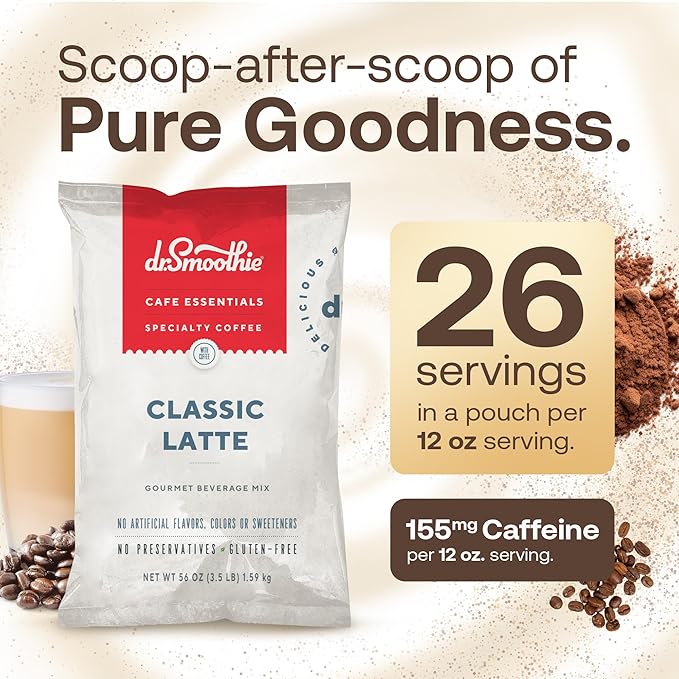 Dr. Smoothie Café Essentials Classic Latte – No Artificial Colors, Flavors, Sweeteners – Shelf Stable – 155mg of Caffeine per Serving – Great for Hot, Iced, & Frozen Frappes (3.5 lb Bag, 26 Servings)
