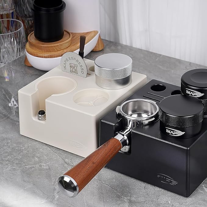 IKAPE ABS Espresso Knock Box, 7 in 1 Coffee Organizer Box Fit for Storage 51, 54, 58MM Espresso Tamper, Distributor, Portafilter & Puck Screen Accessories(Black)