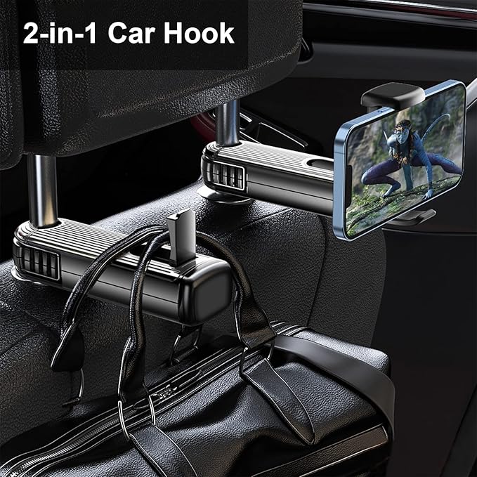 Car Headrest Hidden Hook, New Upgraded 2 in 1 Car Seat Hook with Phone Holder, 360° Rotation Car Hooks for Purses and Bags, Grocery Bag & Handbag (Silver - 1PCS)