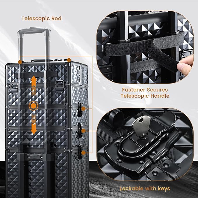 Stagaint Rolling Makeup Case 4 IN 1 Cosmetology Case on Wheels Salon Case | Makeup Organizer Box with Wheels Cosmetic Travel Case Nail Tech Storage Traveling Trunk Box All-Black Diamond
