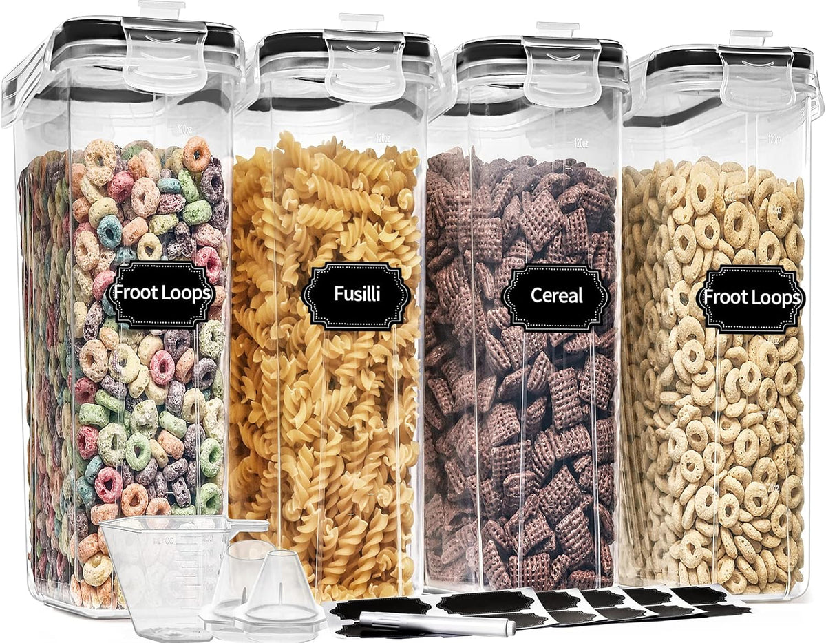 PRAKI Large Dry Food Storage Containers with Lids, 6PCS Airtight Cereal Containers Storage Set, Leak-proof Canister Set for Kitchen Pantry Organization with 20 Labels & Marker (4L Black)