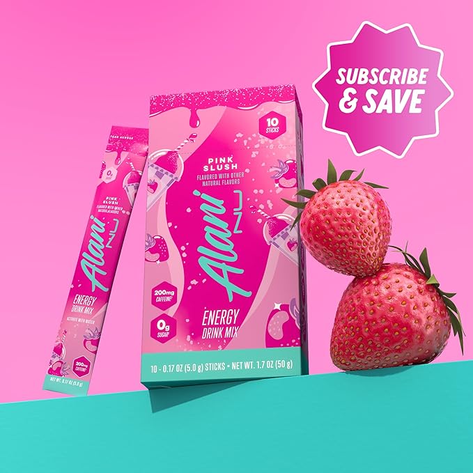 Alani Nu PINK SLUSH Energy Sticks, Energy Drink Powder, 200mg Caffeine, Pre Workout Performance with Antioxidants, On-The-Go Drink Mix, Biotin, B Vitamins, Zero Sugar, 5-10 Calories, 10 Pack