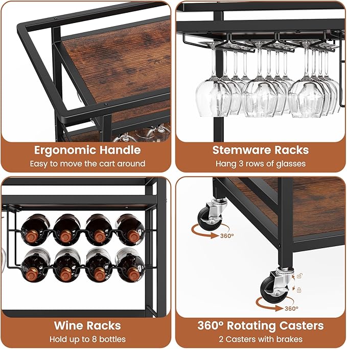 Leteuke Bar Cart for Home, 3 Tier Black Serving Rolling Carts with Wheels, Drink Cart, Liquor Stand with Removable Tray, Wine Rack and Glass Holder for Kitchen, Outdoor, Dining Room-Black Brown