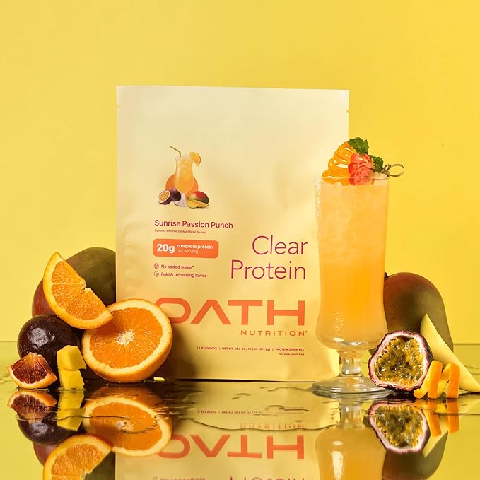 Oath Nutrition Clear Whey Isolate Protein Powder, Sunrise Passion Punch, 20g Complete Protein per Serving, No Added Sugar, Grass-Fed, 18 Servings
