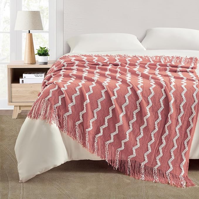 BOURINA Fluffy Chenille Knitted Fringe Throw Blanket Lightweight Soft Cozy for Bed Sofa Chair Throw Blankets, Coral Pink 50" x 60"