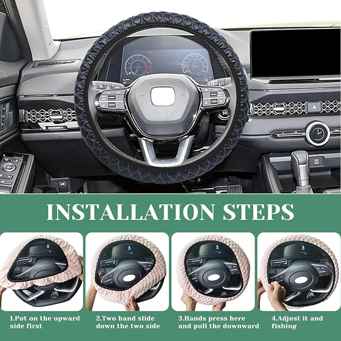 Elastic Stretch Steering Wheel Cover Soft Steering Wheel Protector, Universal 15 inch, Microfiber Breathable Leather, Anti-Slip, Easy Carry, Black with Blue Stitch