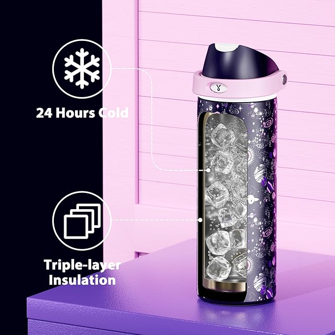 24 oz Insulated Water Bottle for Women: Meoky Stainless Steel Water Bottle with 2-in-1 Straw and Spout Lid - Leak Proof, Cold for 24 Hours, Fits in Car Cup Holder, BPA-Free for Sports Travel, Cosmic