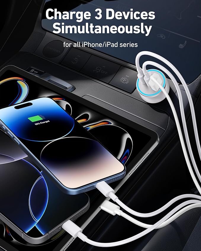 iPhone Car Charger Fast Charging, 67W 3-Port USB C Fast Car Charger Adapter Cigarette Lighter with 3FT USB-C to Lightning Cable Cord for iPhone 14 13 12 11 Pro Max SE XS Max Mini XR X 8 7 6 Plus, iPad