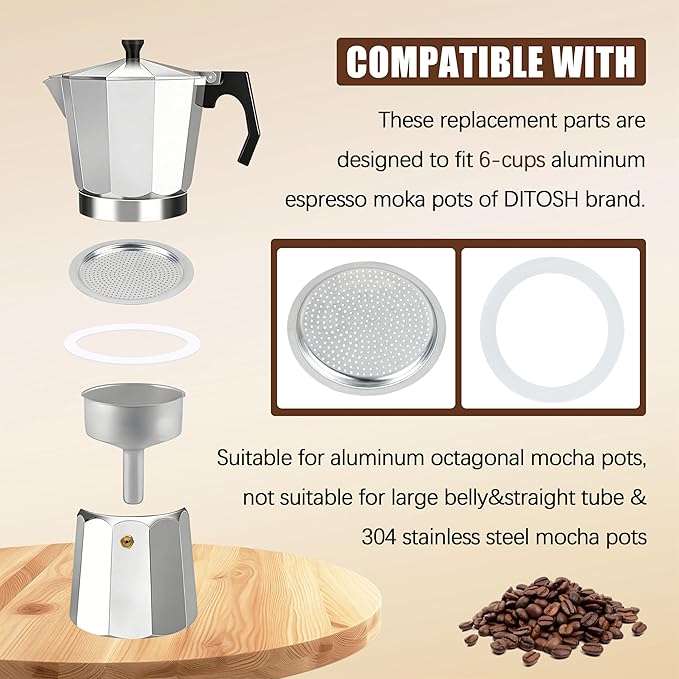 Espresso Maker Filter Basket,moka pot 6 cup Replacement Funnel,moka pot filter For Mocha Coffee Maker Pot with 1pcs Filter and 1pcs Silicone Gasket Seals