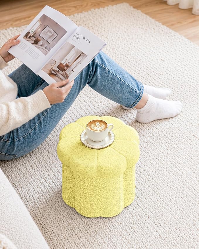 B FSOBEIIALEO Storage Ottoman Foldable, Sunflower Shaped Small Footrest Collapsible Folding Seat Bench for Bedroom Living Room Entryway, Faux Teddy Fur, Yellow 12.6"x12.6"x11.4"