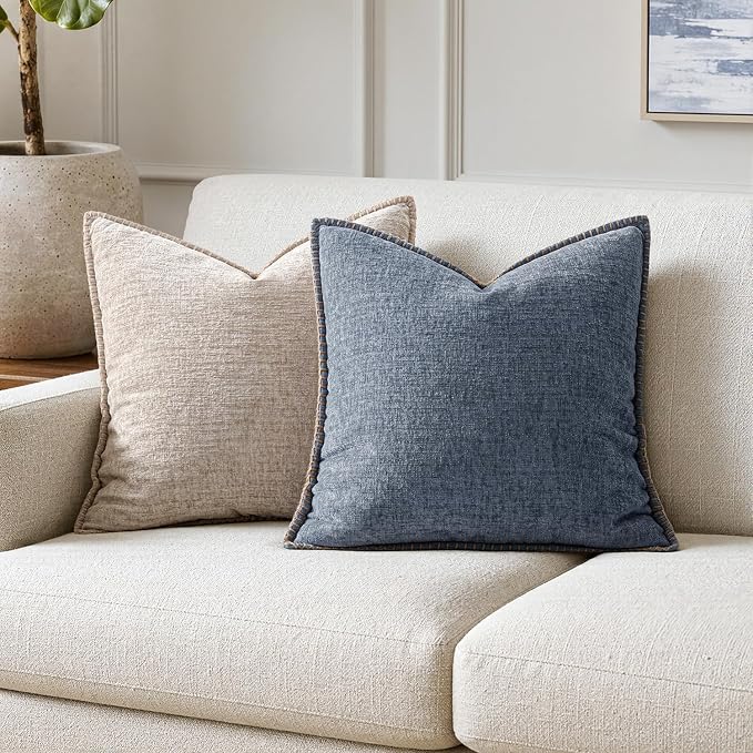 MIULEE Pack of 2 Couch Throw Pillow Covers 18x18 Inch Dark Grey Blue Farmhouse Decorative Pillow Covers with Stitched Edge Soft Chenille Solid Dyed Pillow Covers for Sofa Bed Living Room