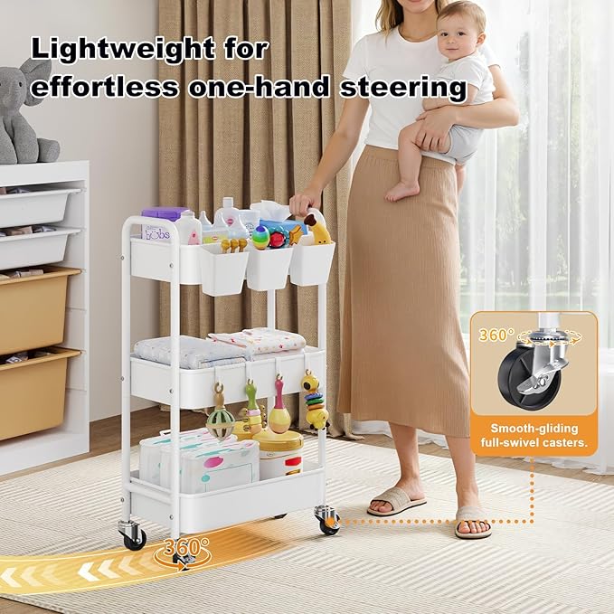 Diaper Cart Organizer with Wheels, 3 Tier Rolling Bedside Cart for Baby Essentials, Baby Organizers and Storage Diaper Caddy Carts for Changing Table, Crib, Bedroom, Newborn Nursery Supplies, White