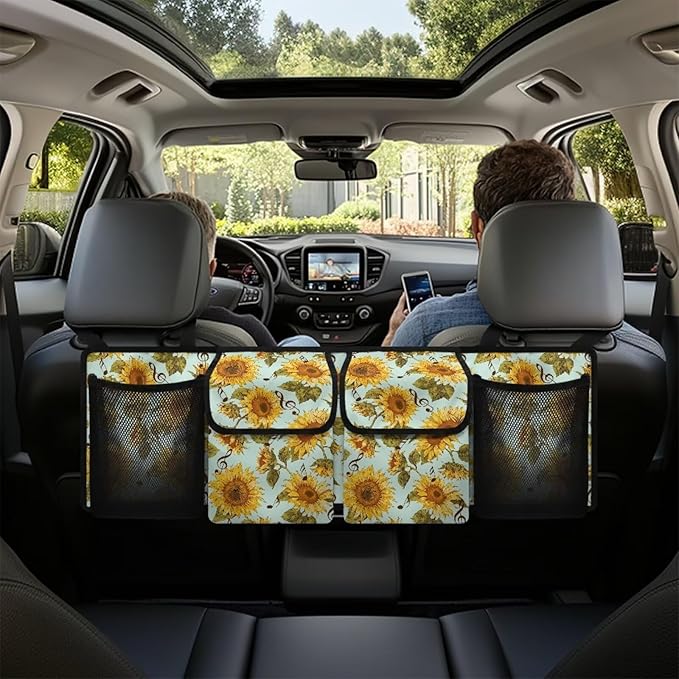 Dreaweet Sunflower Print Car Trunk Organizers for Women Collapsible Backseat Hanging Organizer Large Storage with 4 Pockets Waterproof Cargo Storage Bag for SUV Trucks